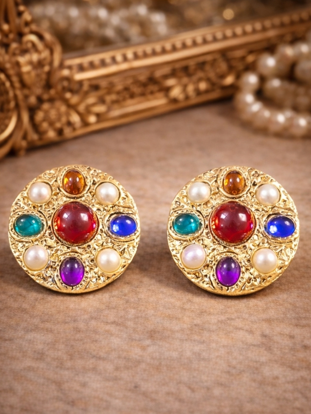 80s Gold Tone Multicolor Cabochon Earrings Faux Pearl Couture Style Baroque Clip